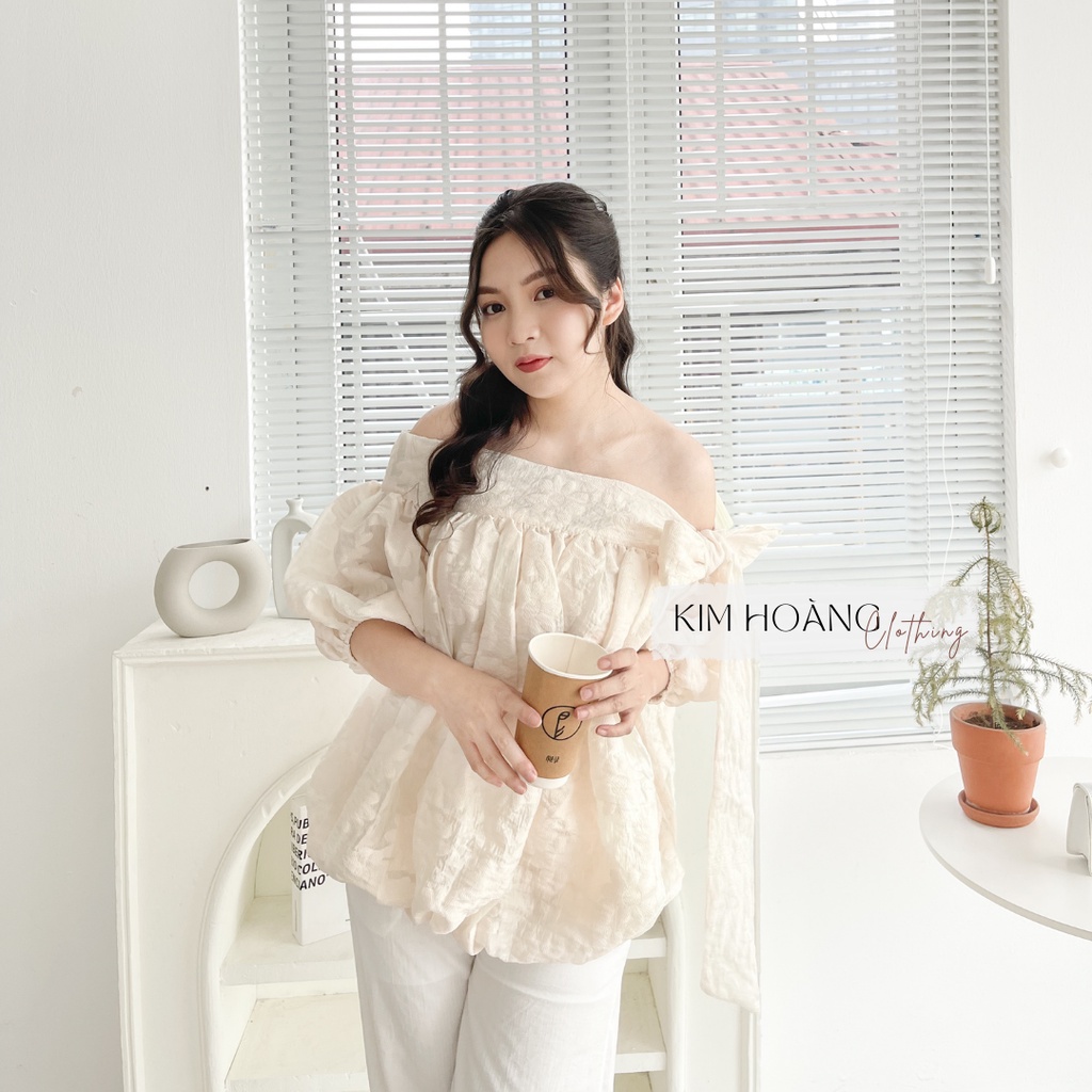 [Mã SKAMFSW175 giảm 10K đơn 50K] Áo gấm lệch vai thêu hoa buộc nơ Kim Hoàng Clothing | BigBuy360 - bigbuy360.vn