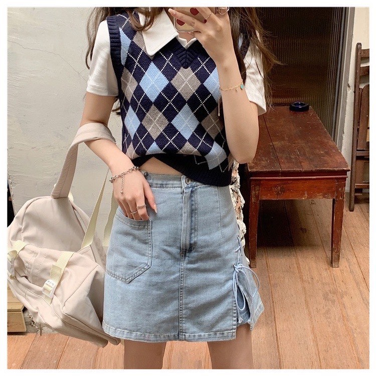 Áo gile len nữ dáng croptop họa tiết caro phong cách Ulzzang siêu xinh - 4BASIC Len03 | BigBuy360 - bigbuy360.vn