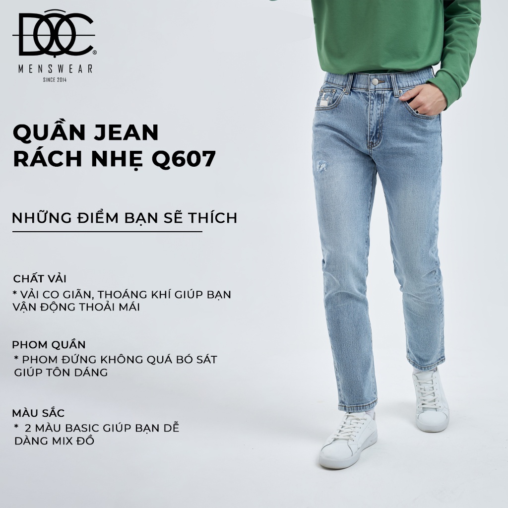 Quần jean nam Độc menswear form basic ống đứng rách nhẹ, quần denim nam vải co giãn 2 màu phong cách Hàn Quốc - Q607