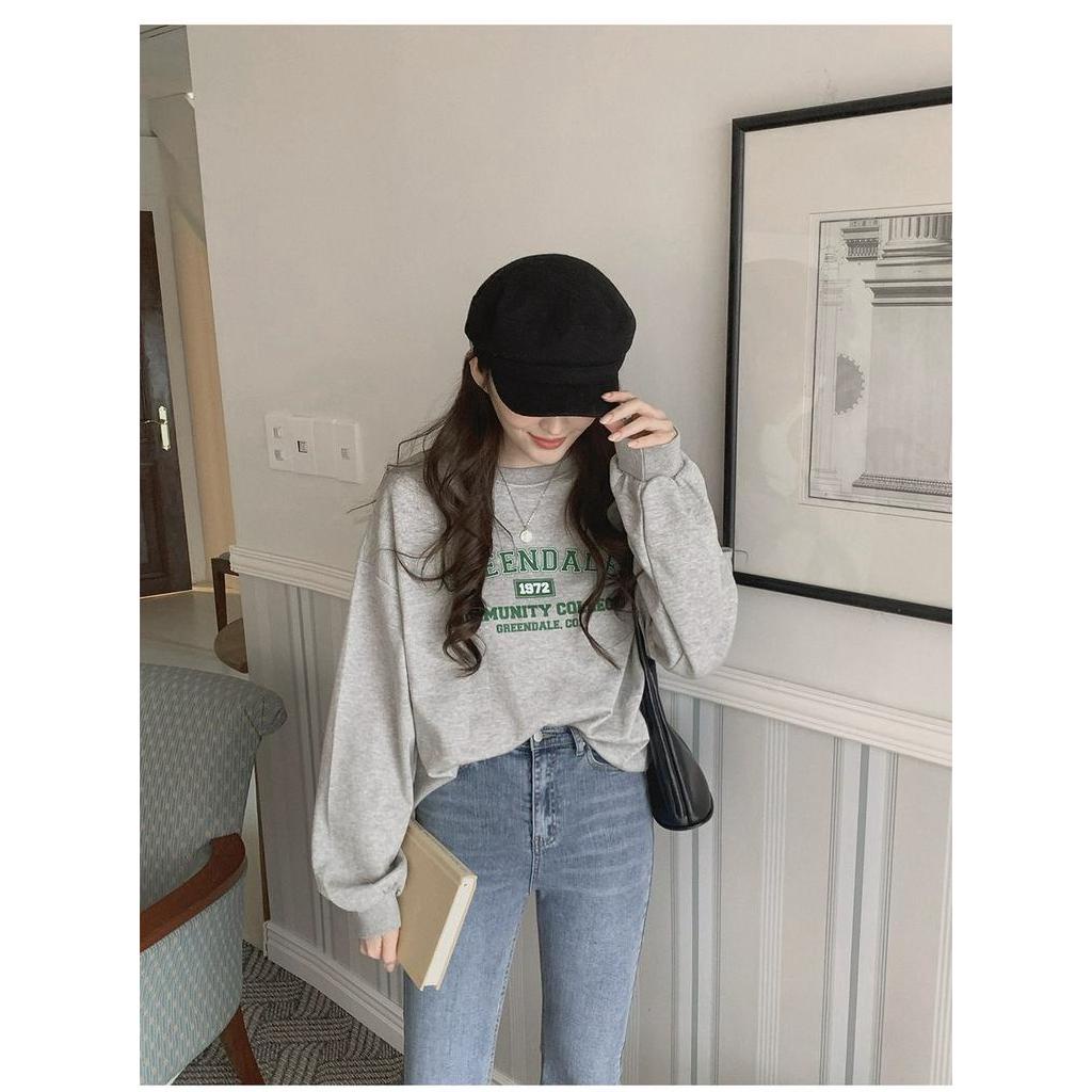 Áo nữ Peppermint 55186 tay dài cổ tròn in chữ cá tính thời trang retro kiểu Mỹ