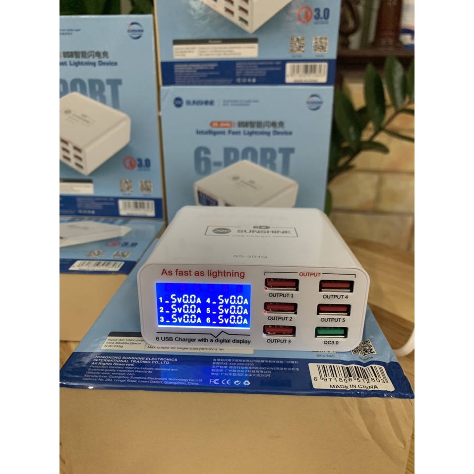 Bộ sạc 6 cổng SUNSHINE hiển thị thông số.