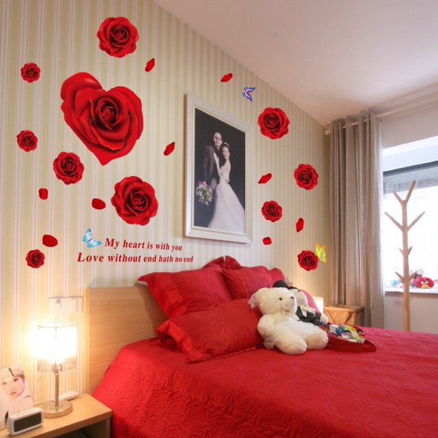 Decal dán tường hoa hồng đỏ 3D