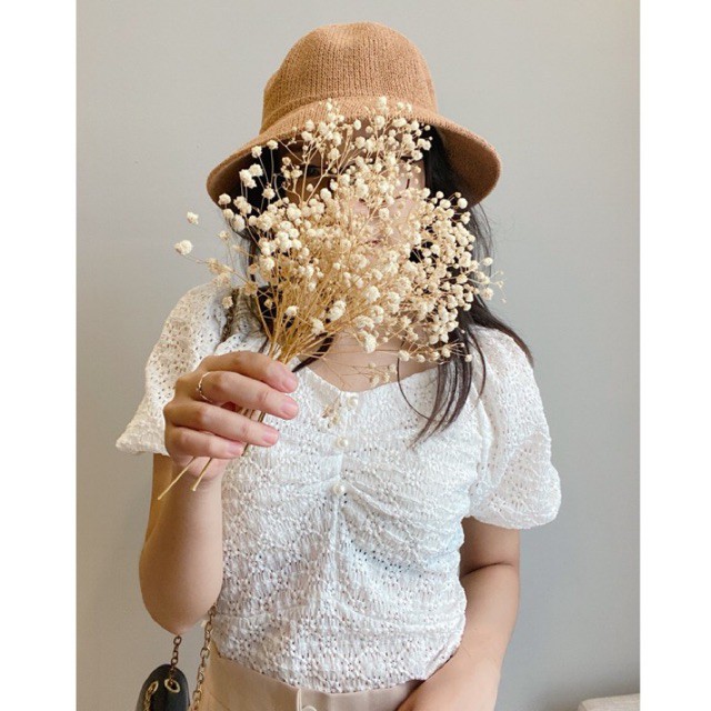 Áo croptop nữ tay bồng cúc ngọc, họa tiêt ren, mát mịn, sang chảnh, đi biển, dạo phố