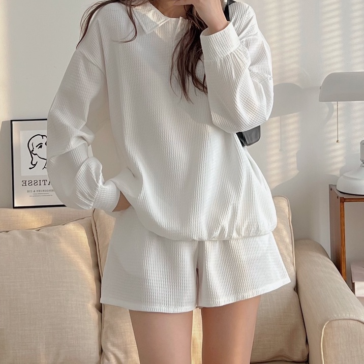 Set áo polo tay dài + quần đùi chất xốp basic không nhăn phong cách Hàn Quốc Kozoda M89