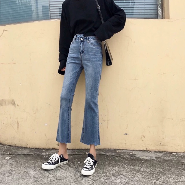 (Order) Có bigsize Quần jeans cạp lệch, gấu loe rách hot hit - mẫu mới 2019