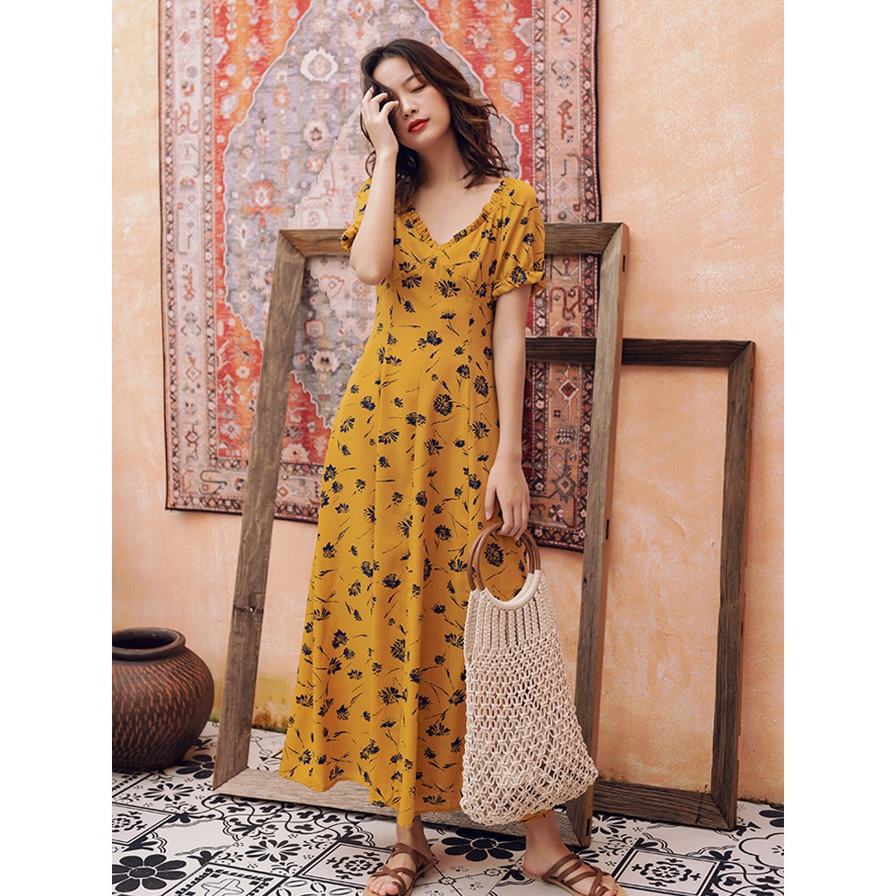 (ORDER) Váy maxi hoa dáng dài cổ V đơn giản nhẹ nhàng kiểu Pháp mùa hè 2020