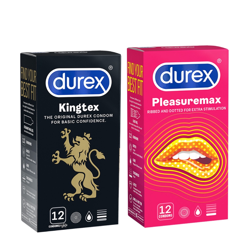 Bộ 1 hộp bao cao su Durex Kingtex ôm sát (49mm, 12 bao/hộp) và 1 hộp Durex Pleasuremax gân gai (56mm, 12 bao/hộp)