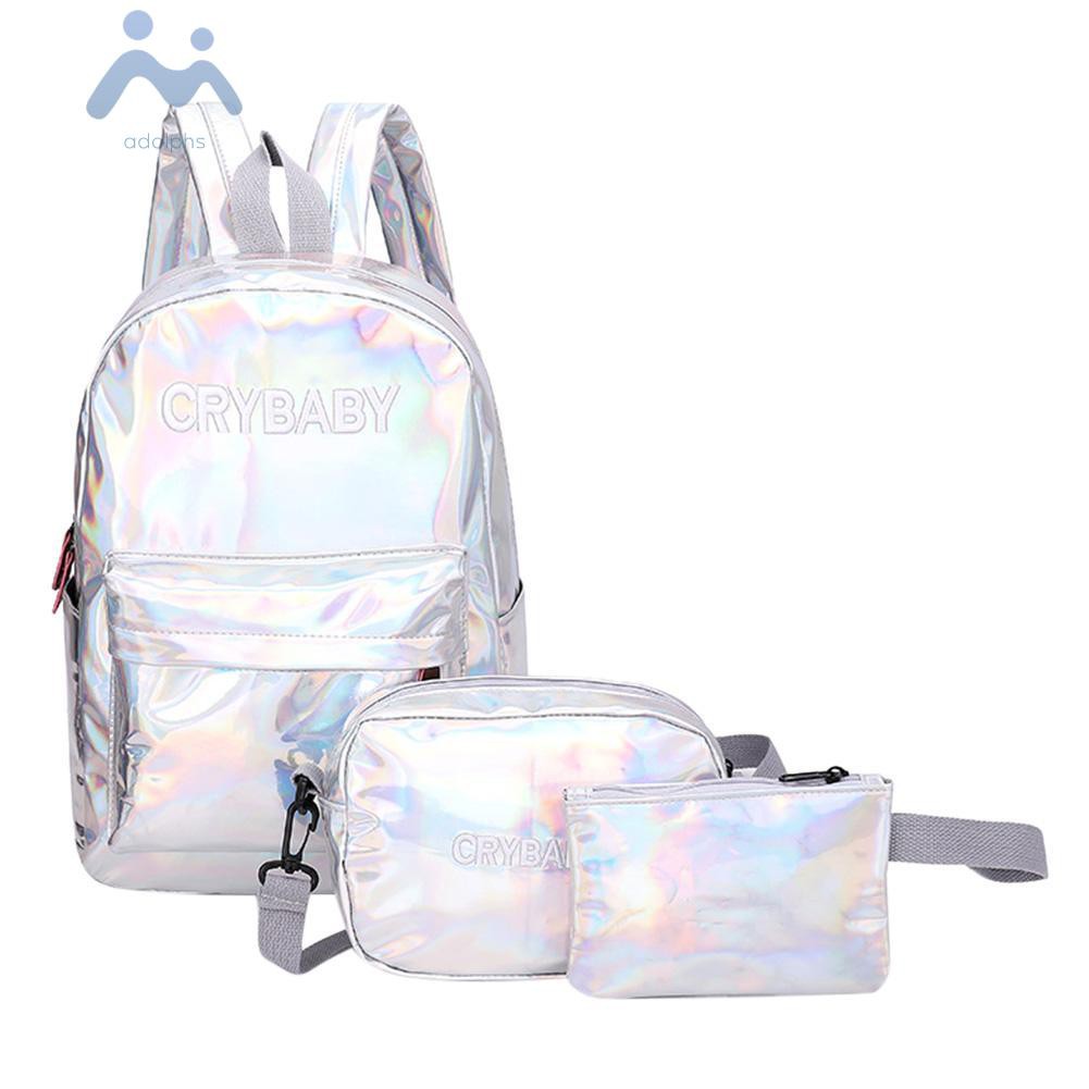 Adp✿Ready Stock✿3pcs/Set Letters Unisex Street Laser Leather Backpacks Student Shoulder Bag
