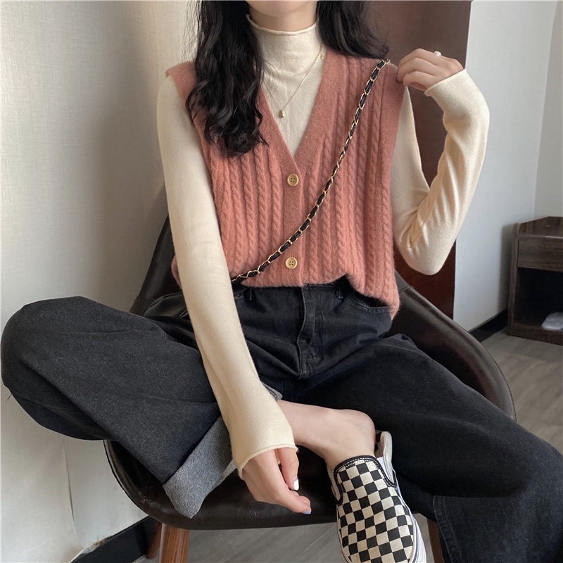 [CÓ SẴN+ẢNH THẬT] Áo gile len xoắn thừng cúc giả gỗ mẫu thu đông 2021 | BigBuy360 - bigbuy360.vn