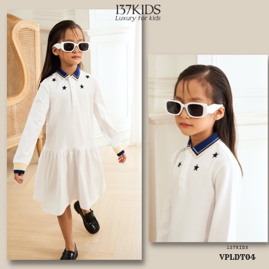 Váy polo dài tay trắng cổ xanh sao 137Kids chất cotton cho bé gái