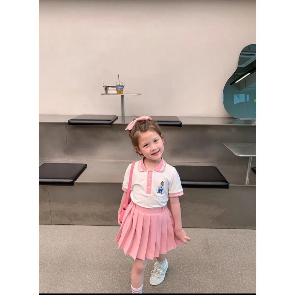 Đồng phục học sinh, váy cho bé gái, set áo polo kèm chân váy hồng xinh xắn cho bé size 12-32kg ( váy có lớp lót)