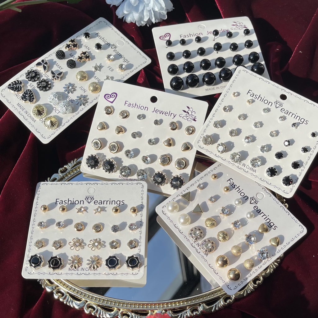 [Xả kho] Set bảng bông tai nụ 12 tháng - hoa tai đính đá sang hàn quốc sang trọng