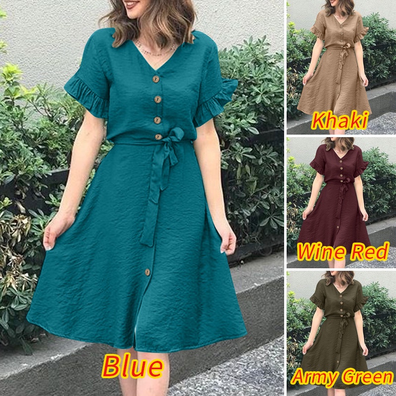 ZANZEA Đầm Tay Ngắn Cổ Chữ V Màu Trơn Cài Nút Thời Trang Cho Nữ