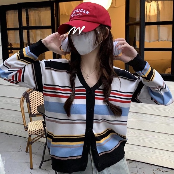 【ZHELIHANGFEI】Áo Cardigan Dệt Kim Dáng Rộng Kẻ Sọc Cầu Vồng Phong Cách Thời Trang Mỹ