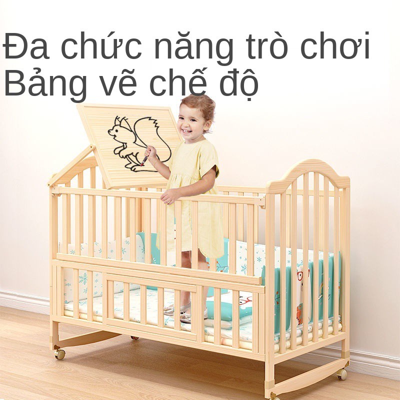 cũi trẻ em ghép giường lớn gỗ nguyên khối không sơn nôi bb đa năng cho bé sơ sinh rời