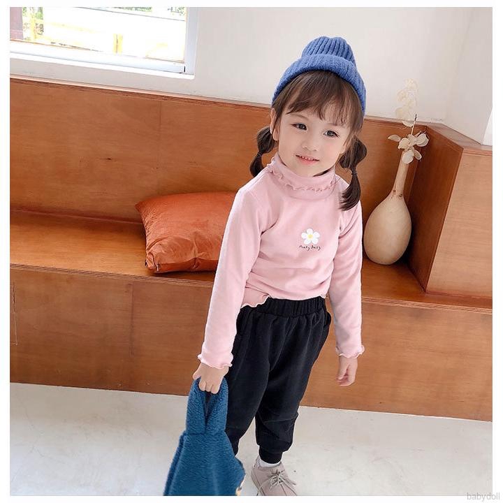 0-6Y Autumn Children Girls Thick Warm Floral High Collar Bottoming T-Shirt Top