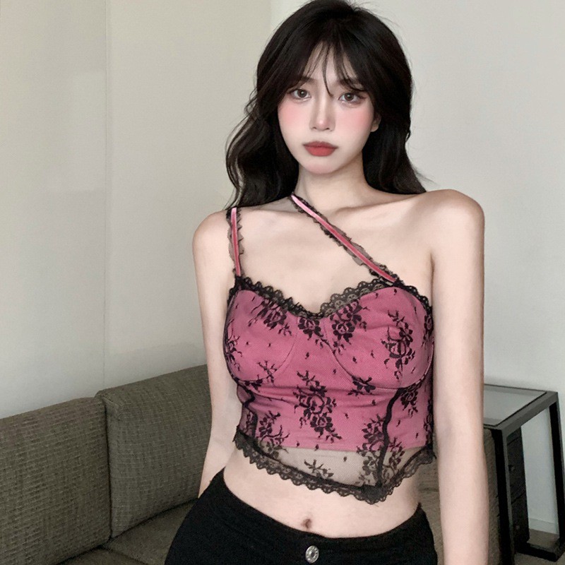 Áo croptop nữ không tay có dây chéo vai phối ren thời trang