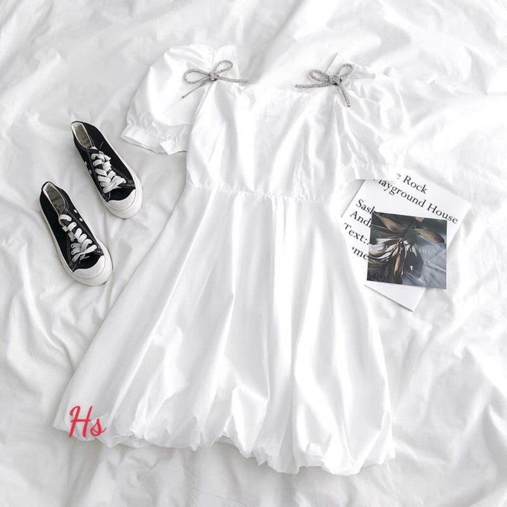 Đầm nữ đẹp tay bồng ngắn dáng xòe hai màu đen trắng thời trang, váy tay bồng đẹp DUMISA DN01