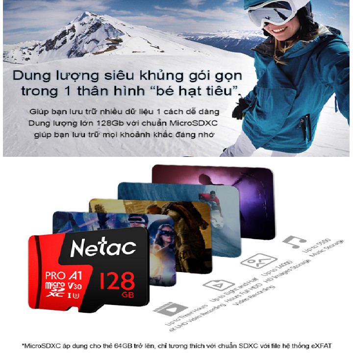 Thẻ nhớ MicroSD NETAC 128GB tốc độ class 10 dành cho camera và điện thoại