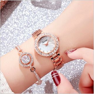 Bộ Set đồng hồ nữ fasina và lắc tay đính đá sang trọng dây kim loại