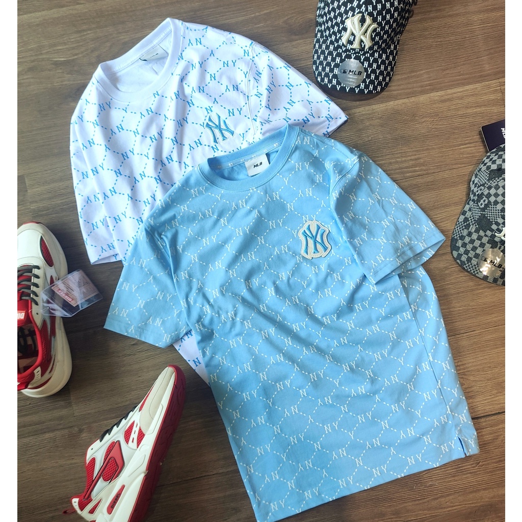 Áo Thun Phông Nam Nữ Màu Xanh Pastel Unisex Cổ Tròn, áo cộc NY, MLB hoa văn cá tính, hàng xuất xịn thời thượng DV