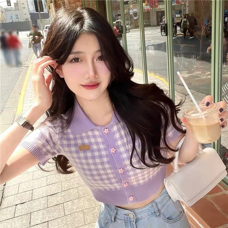 ZHELIHANGFEI Áo Croptop Dệt Kim Tay Ngắn Phong Cách Hàn Quốc Thời Trang Mùa Hè Xinh Xắn Cho Nữ