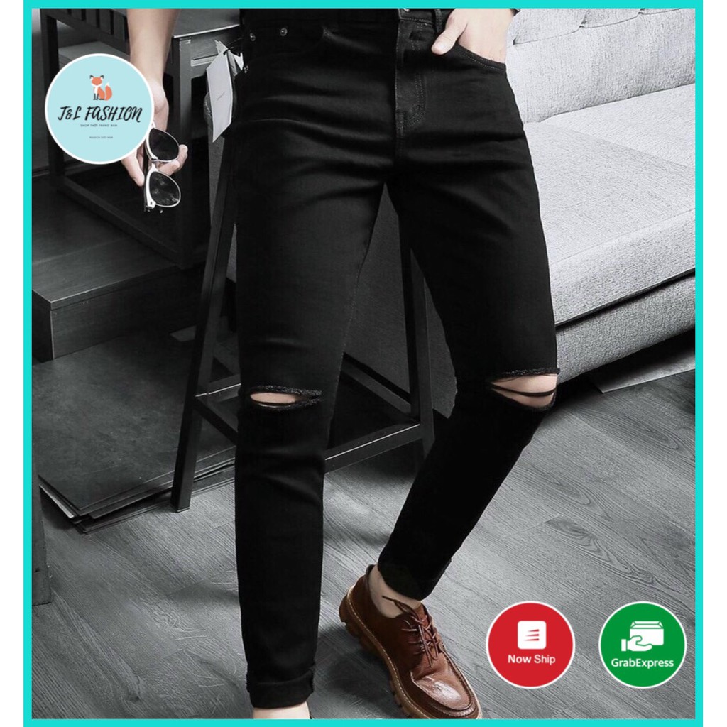 Quần Jean Nam, Quần Bò Màu Đen Rách Gối Cao Cấp Co Dãn Phong Cách Thời Trang T&L store ms59 | BigBuy360 - bigbuy360.vn