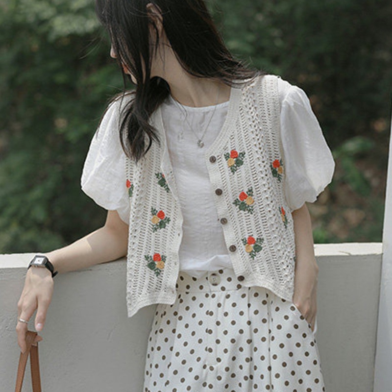 Áo Khoác Cardigan Dệt Kim Sát Nách Cổ Chữ V Thêu Hoa Phong Cách Vintage Cho Nữ