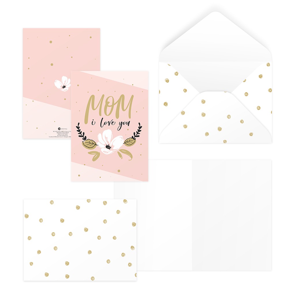 Bộ 8 thiệp 12,5x17,6 SDstationery PINK LOVE FOR MOM hồng trái tim chấm bi hoa tặng mẹ, mother’s day ngày phụ nữ, Vu Lan