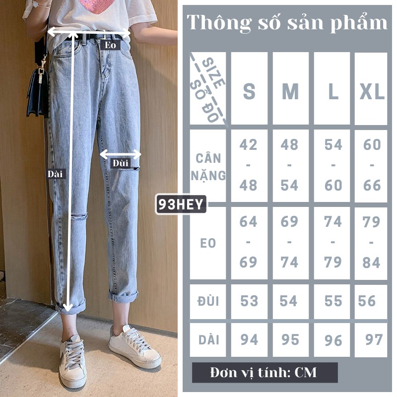 Quần Jean Nữ Rách Gối Cạp Cao Dáng Baggy Màu Xanh Phong Cách Hàn Quốc 93HEY QJ02
