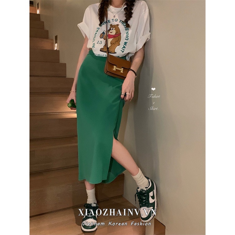 Xiaozhainv Set Áo Thun Tay Ngắn Dáng Rộng Phối Chân Váy maxi Xẻ Tà Kiểu Hàn Quốc Dễ Thương Cho Nữ
