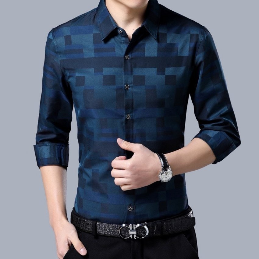 Áo sơ mi nam dài tay phối sọc ô 3D DT thời trang Erina cao cấp form áo chuẩn