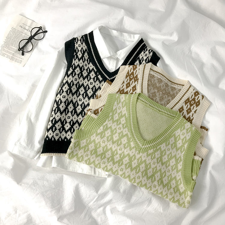 Áo Sweater Dệt Kim Sát Nách Màu Cà Phê Sọc Ca Rô Kiểu Hàn Quốc Thời Trang Mùa Thu Cho Nữ
