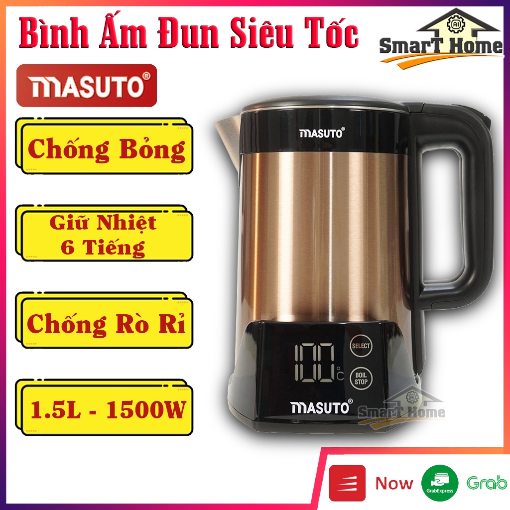 Ấm Đun Siêu Tốc Giữ Nhiệt Masuto - Ấm Siêu Tốc Chống Bỏng 2 Lớp Giữ Nhiệt Tự Động 6 Giờ Chất Liệu Inox 304 Cao Cấp