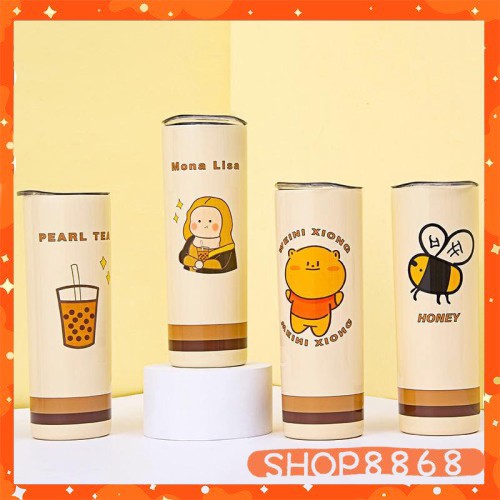 Bình Nước Hai Lớp Cách Nhiệt Kèm Ống Hút Hình Gấu Dễ Thương 650ml  - shop8868