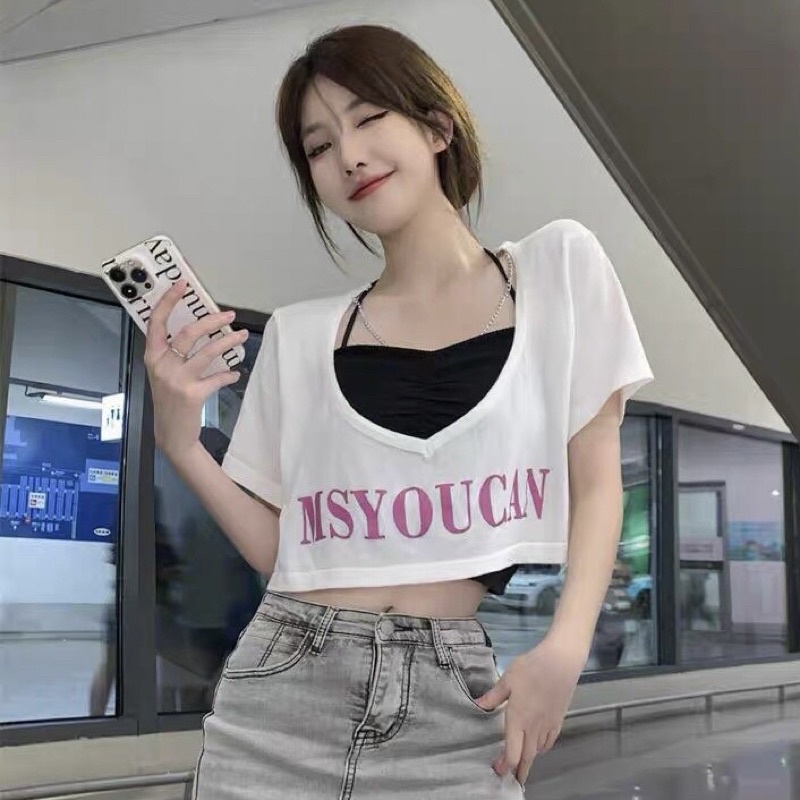 [ẢNH THẬT] SET 2 ÁO CROPTOP CỔ V (KÈM YẾM TRONG) CHIZISHOP IN CHỮ -CRT TAY NGẮN S2A001