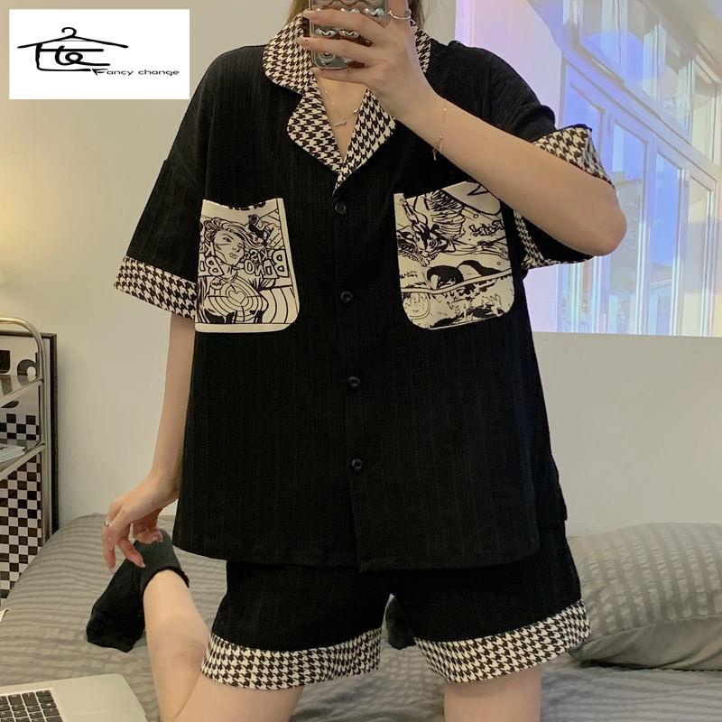 Bộ Đồ Ngủ Ngắn Tay Màu Đen Phong Cách Hàn Quốc Dành Cho Nữ