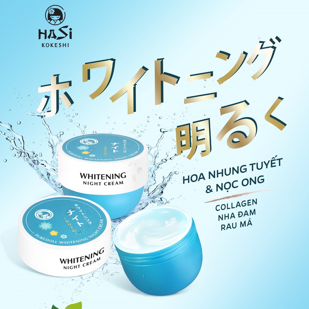 Kem Dưỡng Trắng Da Ban Đêm Chiết Xuất Collagen &amp; Hoa Nhung Tuyết HASI KOKESHI PUREDOLL WHITENING NIGHT CREAM 30g