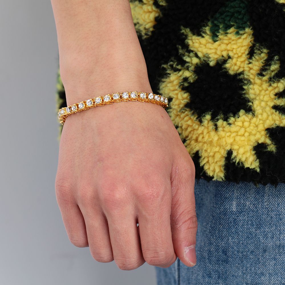 Vòng tay chuỗi xích 5mm đính đá kim cương lấp lánh sang trọng phong cách hip hop cho nam và nữ