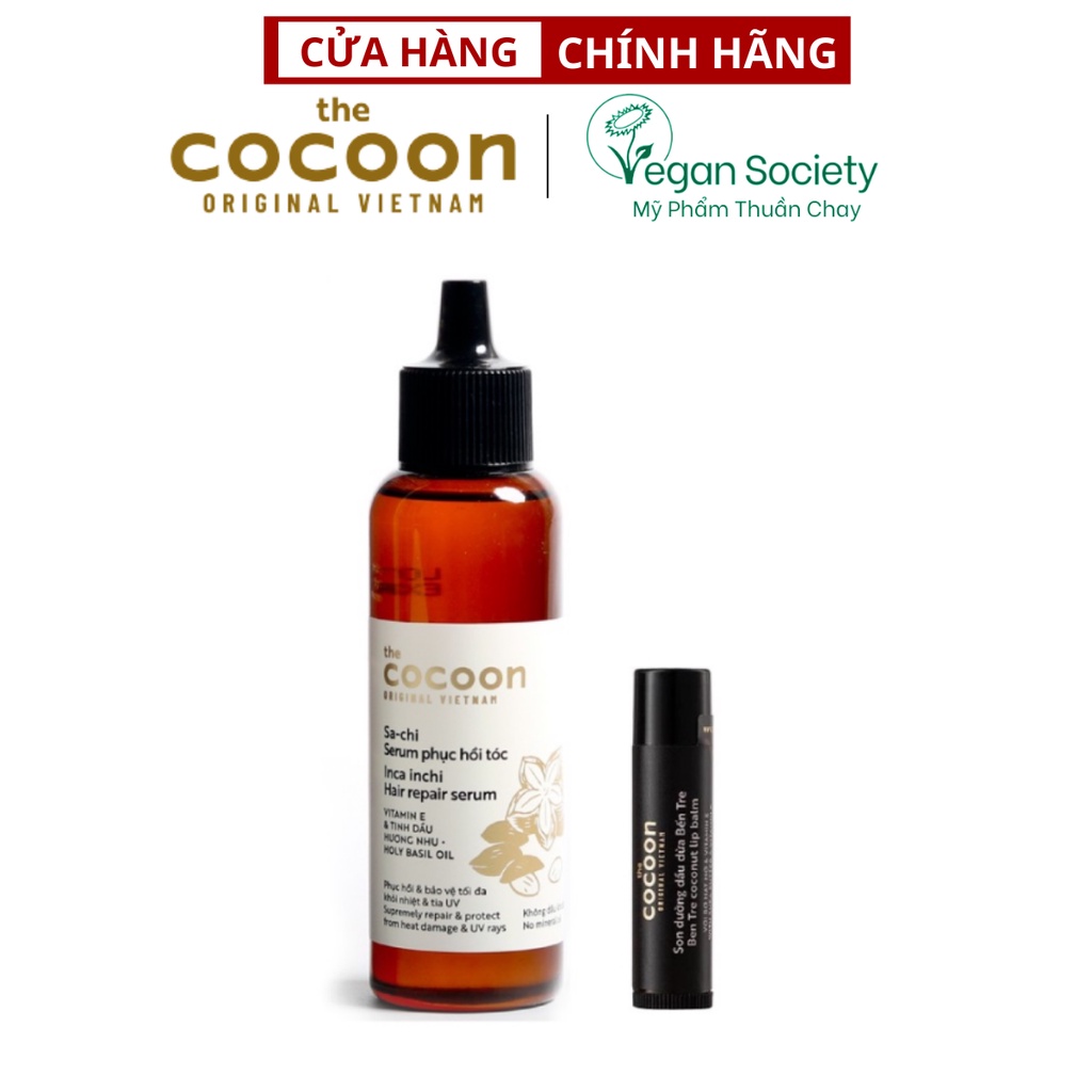 Bộ Serum sachi phục hồi tóc cocoon 70ml + Son dưỡng môi dầu dừa Bến Tre cocoon 5g - Vegan Society