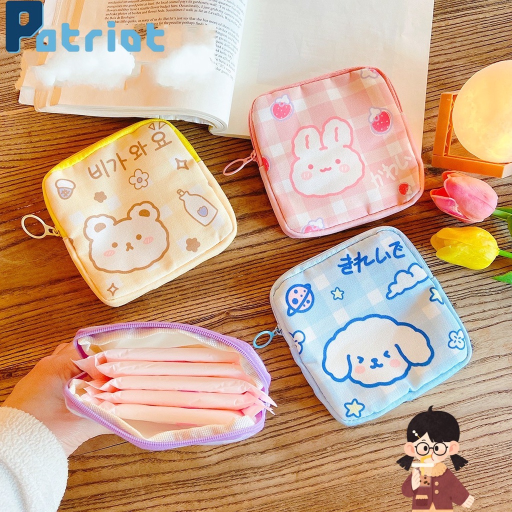 Túi đựng băng vệ sinh/ tiền xu/ mỹ phẩm bằng nylon nhiều màu sắc sức chứa lớn họa tiết hoạt hình cho nữ