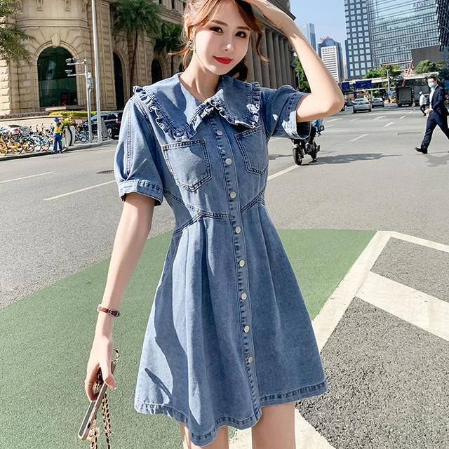 Đầm Denim Dáng Chữ a Cổ Búp Bê Eo Cao Thời Trang Cho Nữ