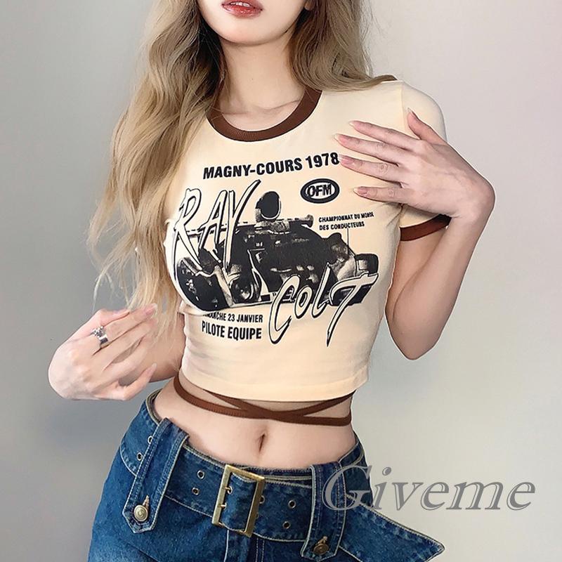 Áo Thun Crop Top Tay Ngắn Cổ Tròn In Họa Tiết Hoạt Hình Xe Hơi Thời Trang Cho Nữ