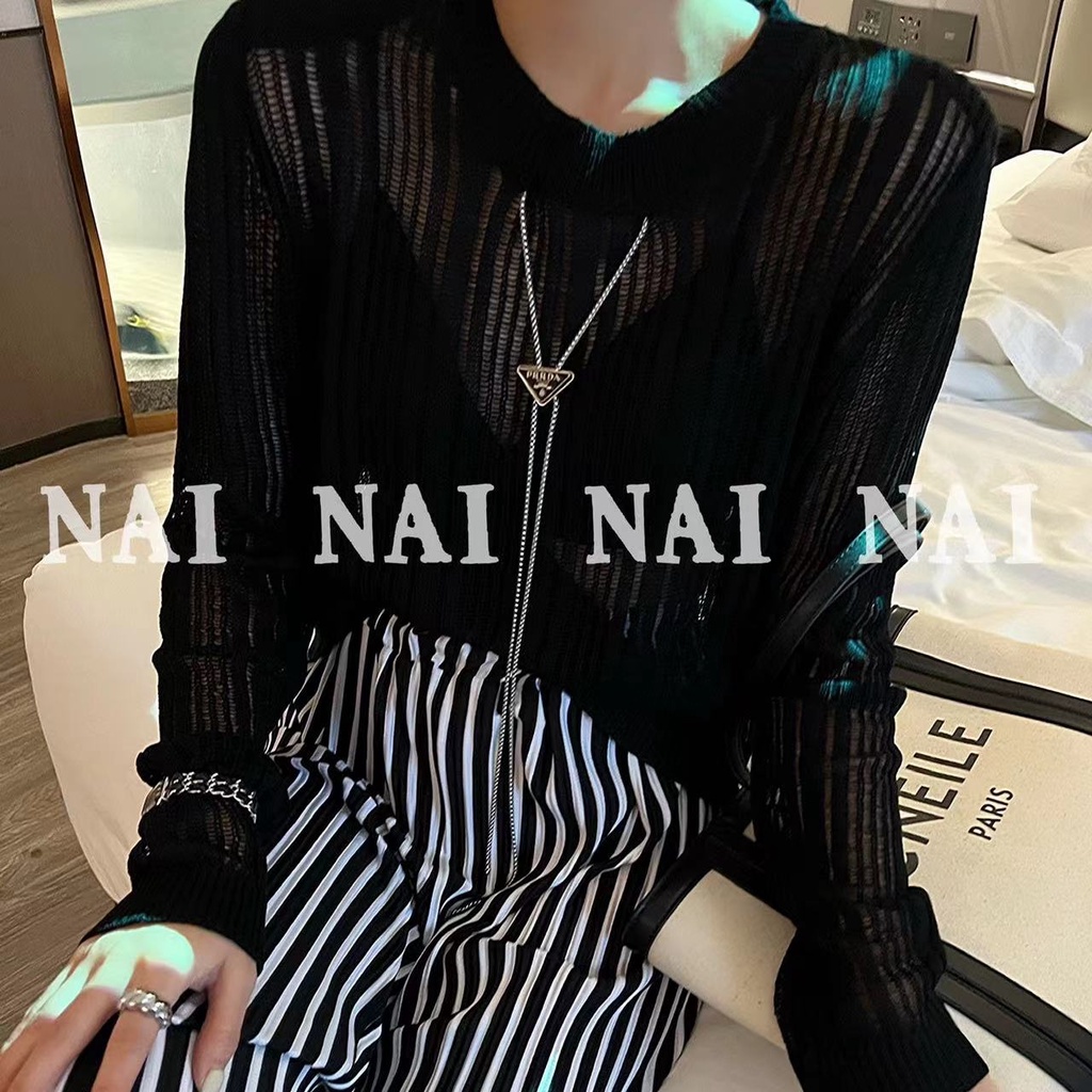 Áo dệt kim mỏng SUXI tay dài dáng rộng họa tiết kẻ sọc thời trang mùa hè xinh xắn cho nữ