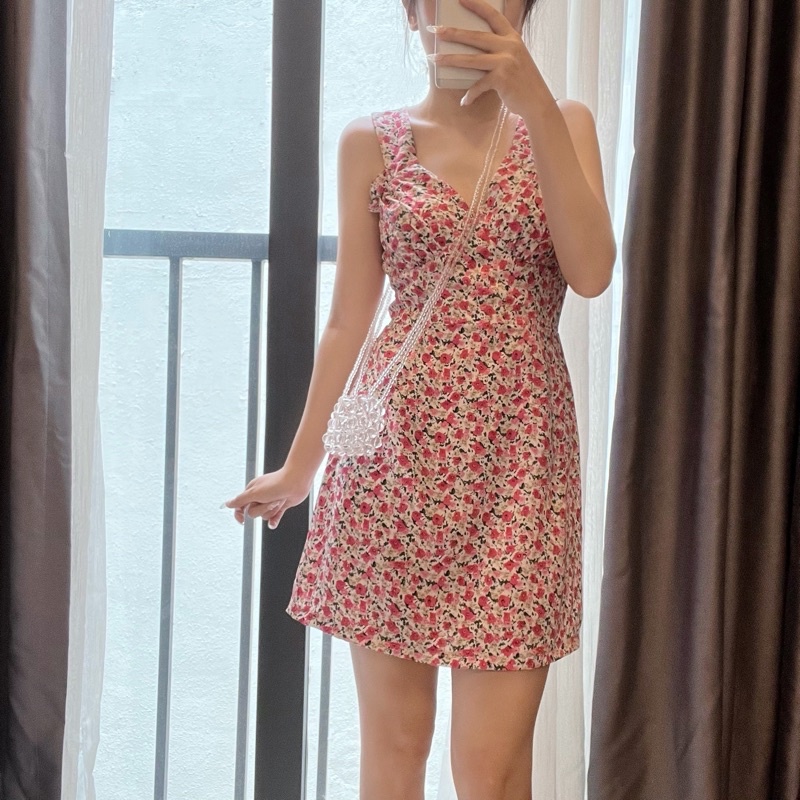 Đầm hoa thiết kế lụa Hàn thiết kế bèo nhún 2 lớp