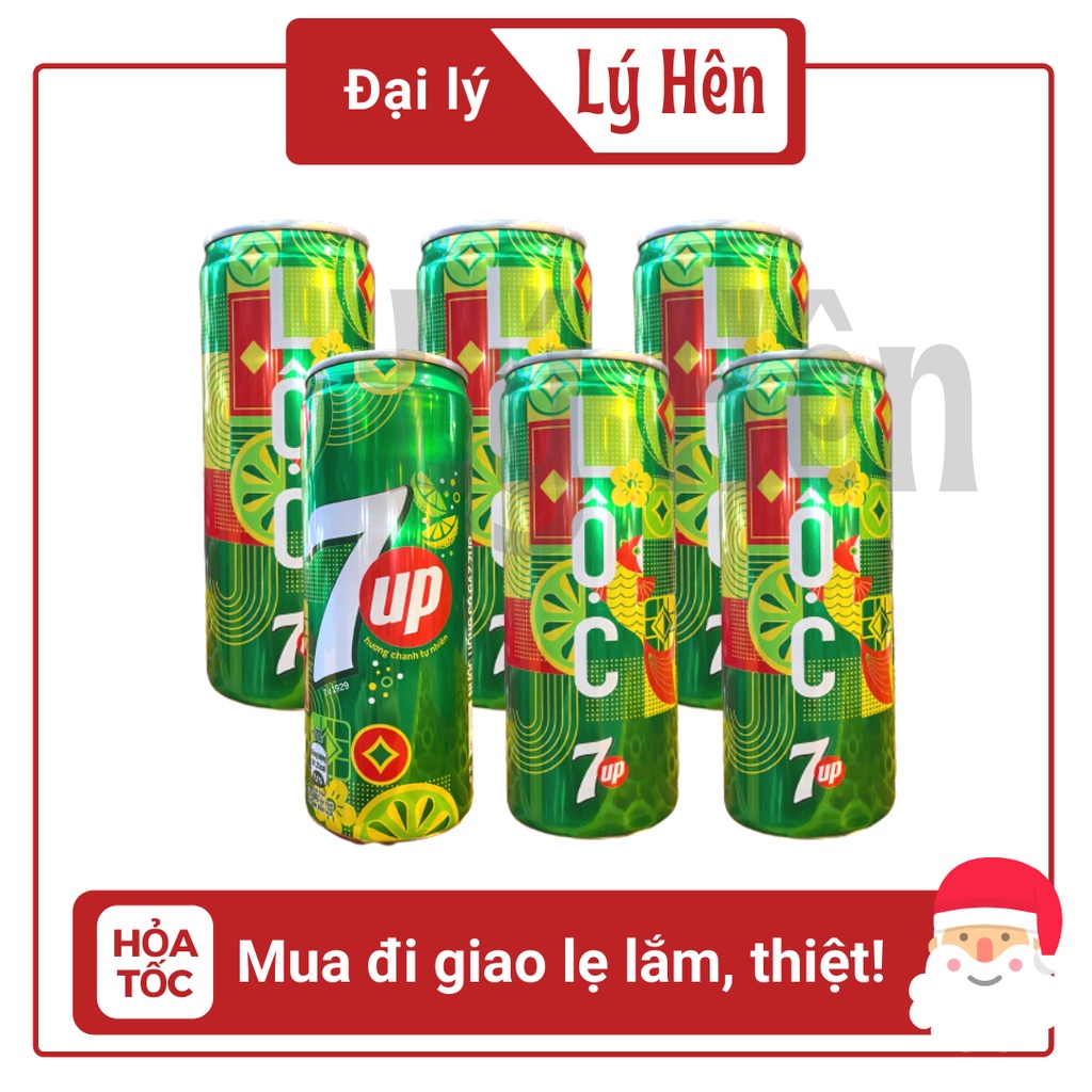 Lốc 6 Lon Nước Ngọt Có Gas Bao Bì Xuân Tết 7up Cola Soft Drink Lon 330ml Date Luôn Mới