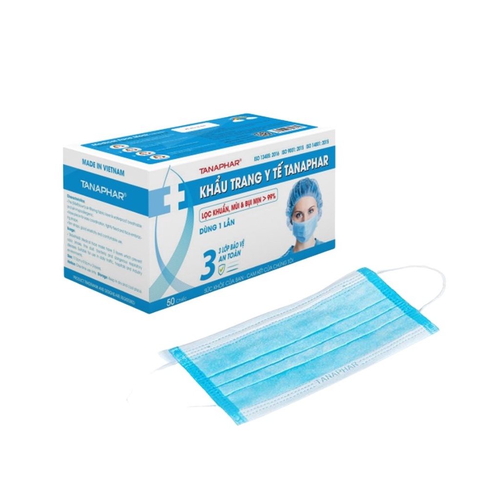 Khẩu trang y tế 3 lớp Tanaphar - Hộp 50 chiếc  dùng 1 lần kháng khuẩn - không thấm nước. Phòng chống các dịch bệnh .