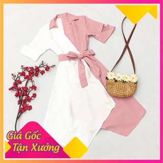 Đầm váy sơ mi Hồng Vạt Chéo Phối Trắng