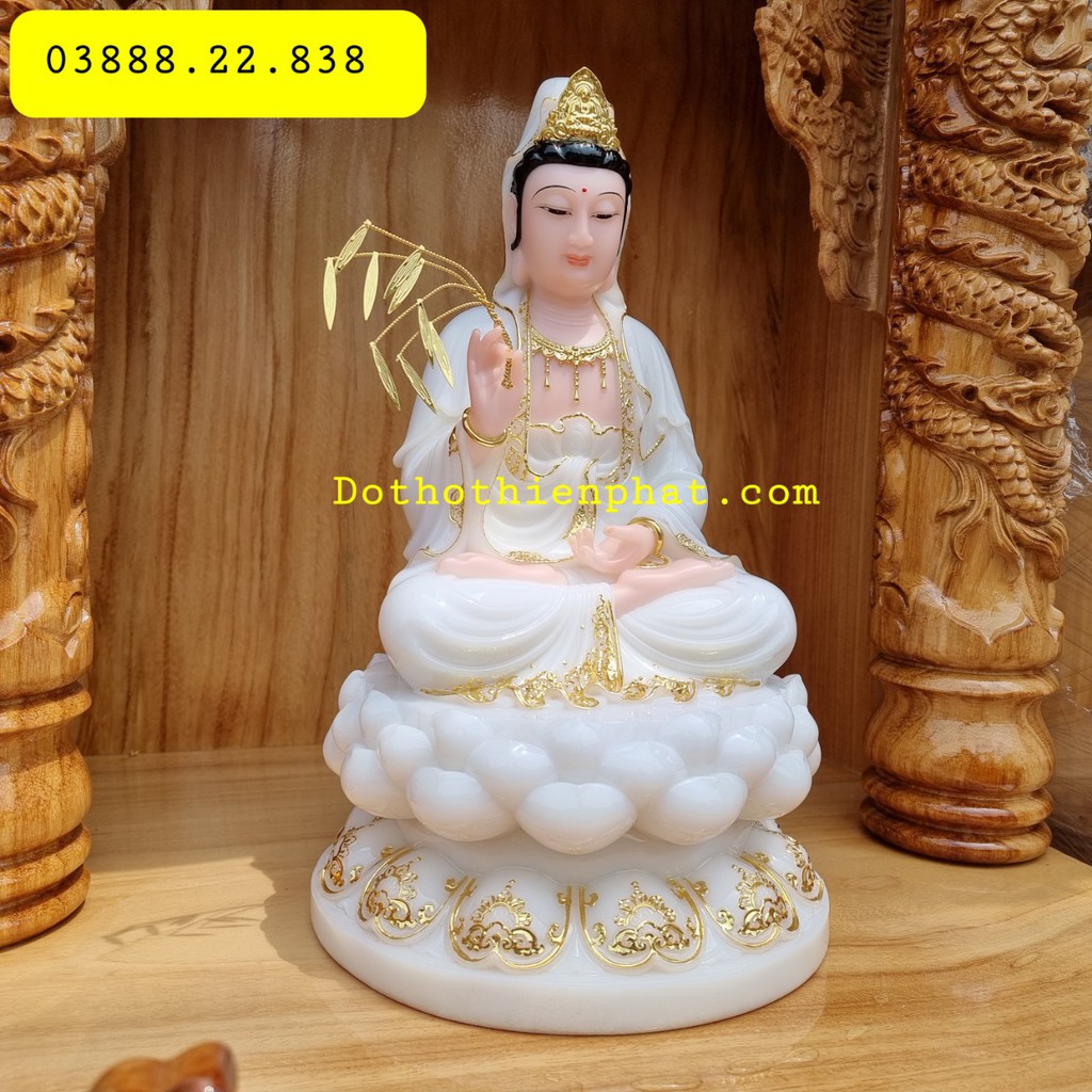 Tượng Quan Âm đá màu trắng 16in cao 41cm