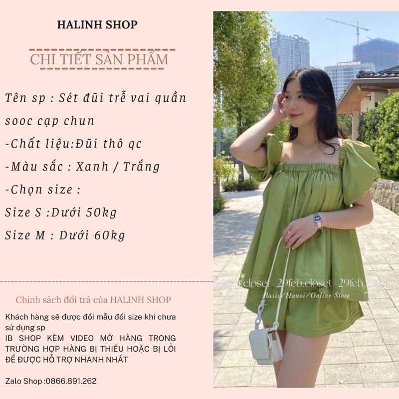 Set Bộ Nữ Trễ Vai + Quần Sooc - Halinh Shop - Set Bộ Trễ Vai Phối Quần Sooc Đùi Cạp Chun 2 Màu Xanh Bơ , Trắng